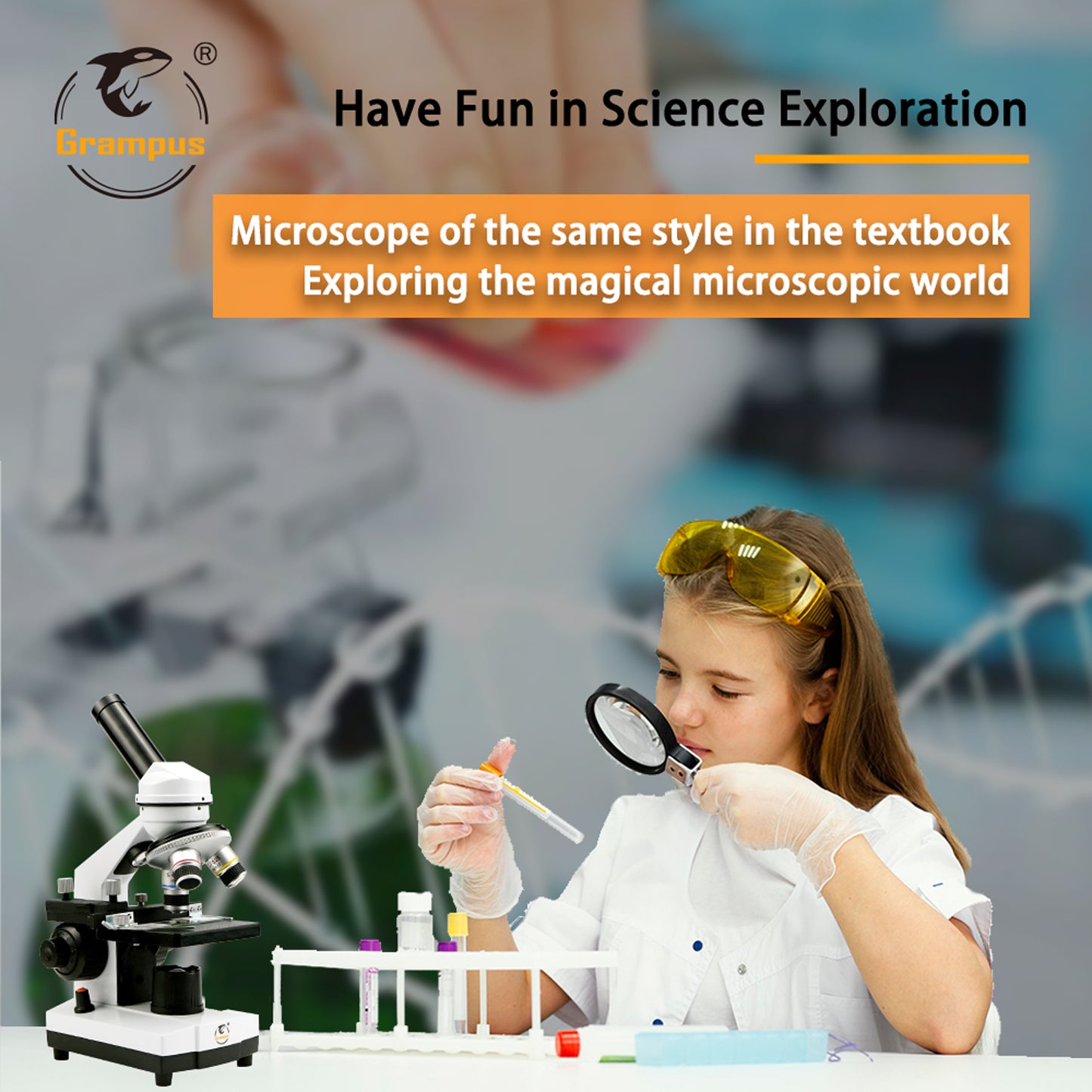 Grampus Achromatic Compound Minocular Microscope 40X-2000X, Dual LED Illumination, 10 Prepared Slides, 100 Cover Slips and Experiment Kit Offered for Kids Students Adults and Children