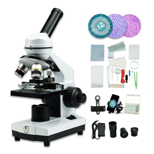 Grampus Achromatic Compound Minocular Microscope 40X-2000X, Dual LED Illumination, 10 Prepared Slides, 100 Cover Slips and Experiment Kit Offered for Kids Students Adults and Children